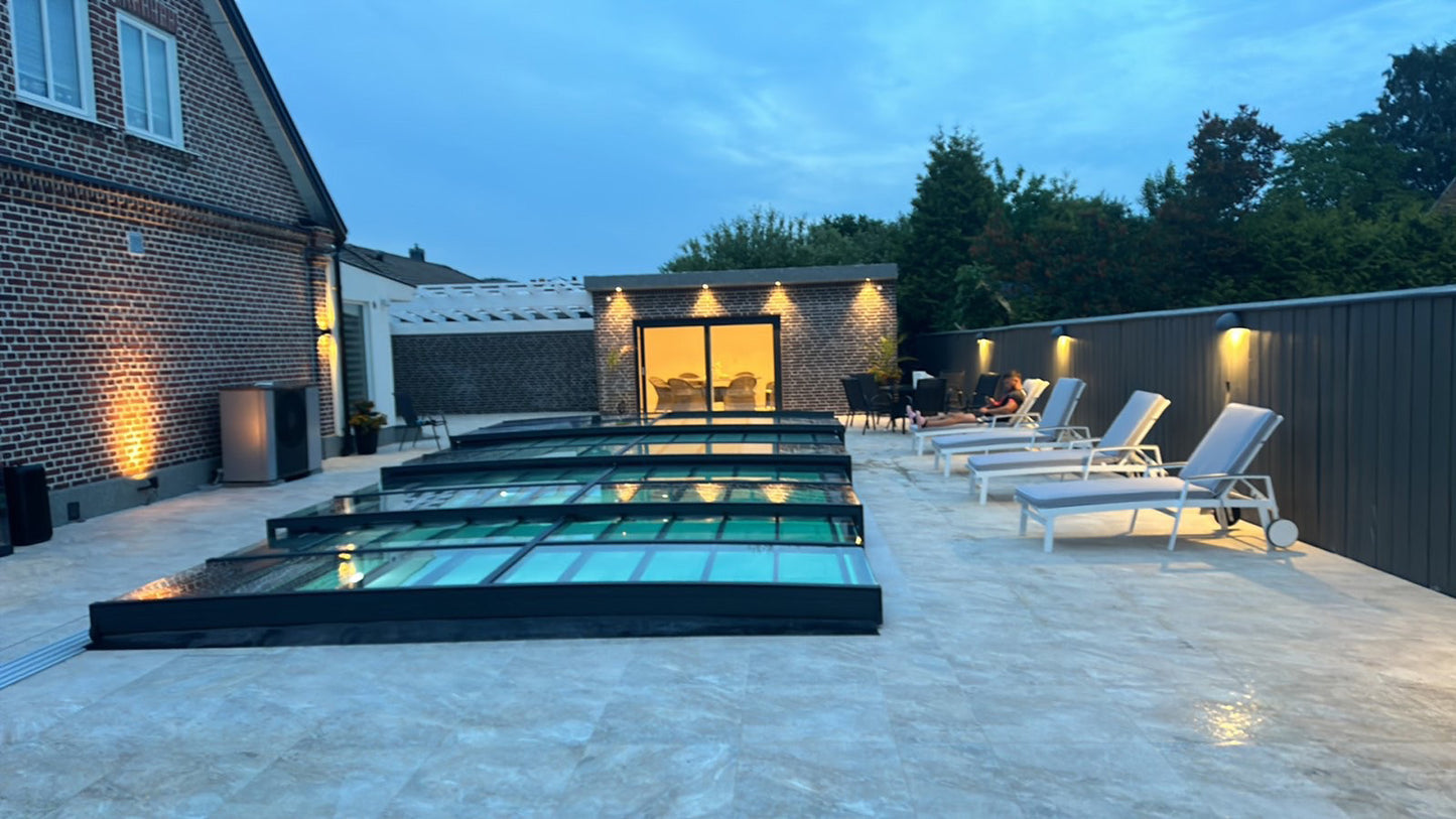 Pooloverdækning ICON KIT S1 3×6 (klart glas, sidedør, enkelt skinne, antracit)