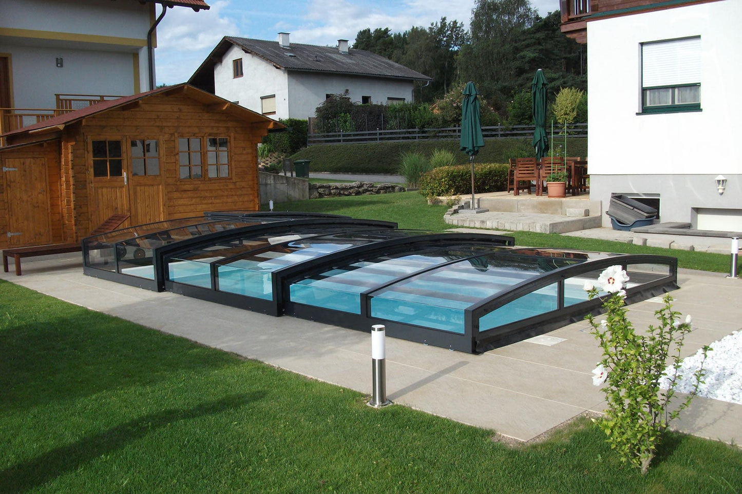 Pooldach Special 4×10 mit Rand, Klarsichtfolie, Seitentür, Anthrazit