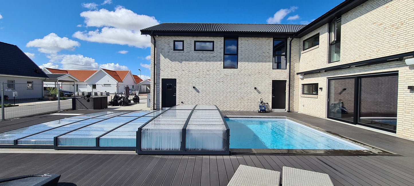 Pooloverdækning ICON KIT S2 4×8 (klart glas, sidedør, enkelt skinne, antracit)