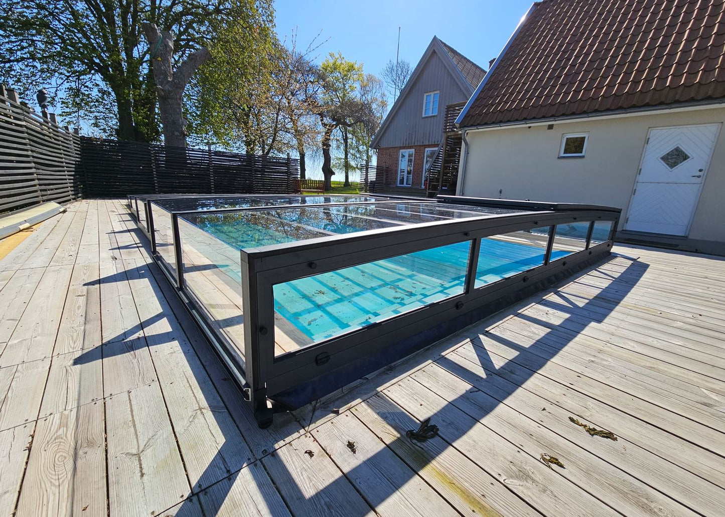 Pooloverdækning ICON KIT S1 3×6 (klart glas, sidedør, enkelt skinne, antracit)