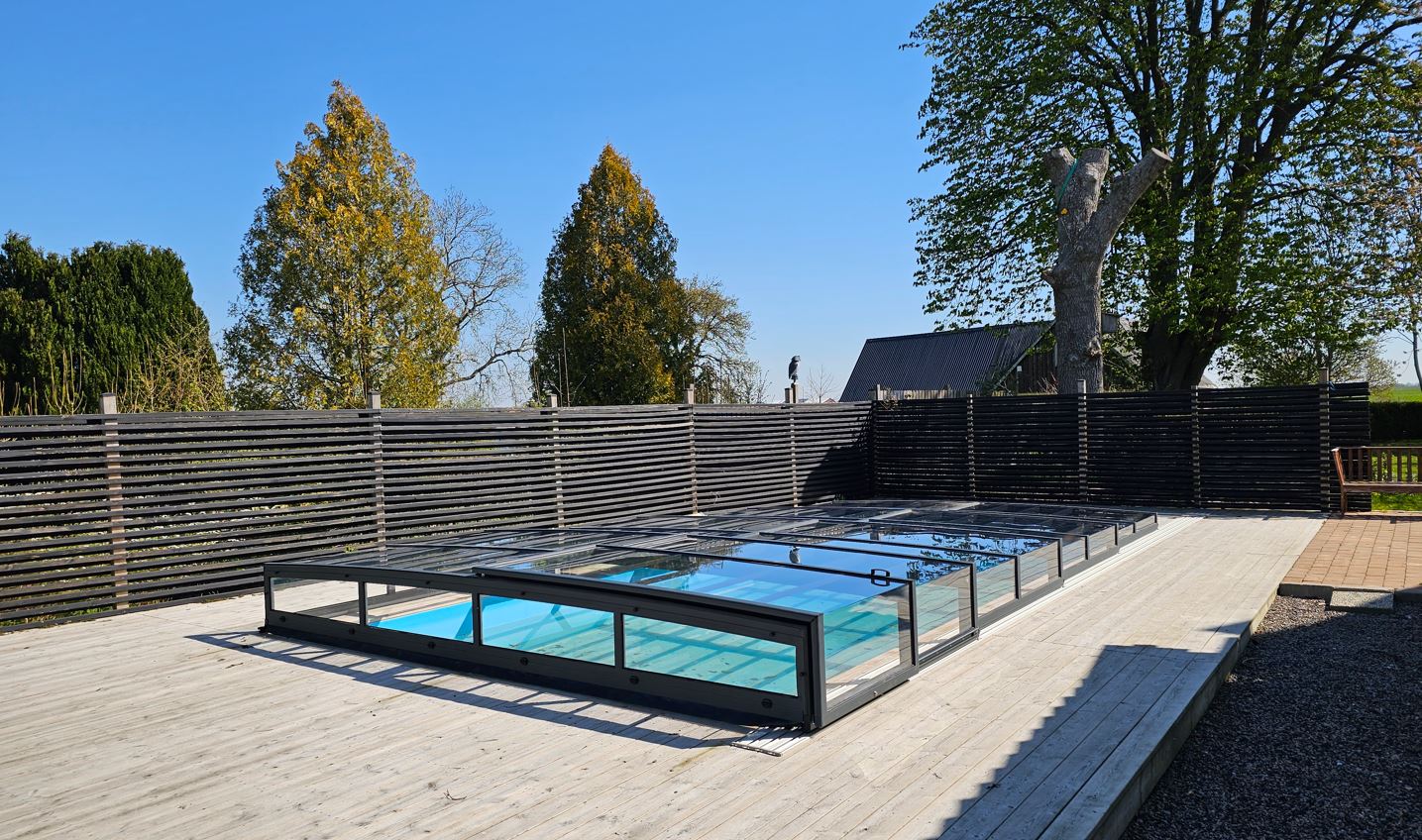 Pooloverdækning ICON KIT S1 3×6 (klart glas, sidedør, enkelt skinne, antracit)