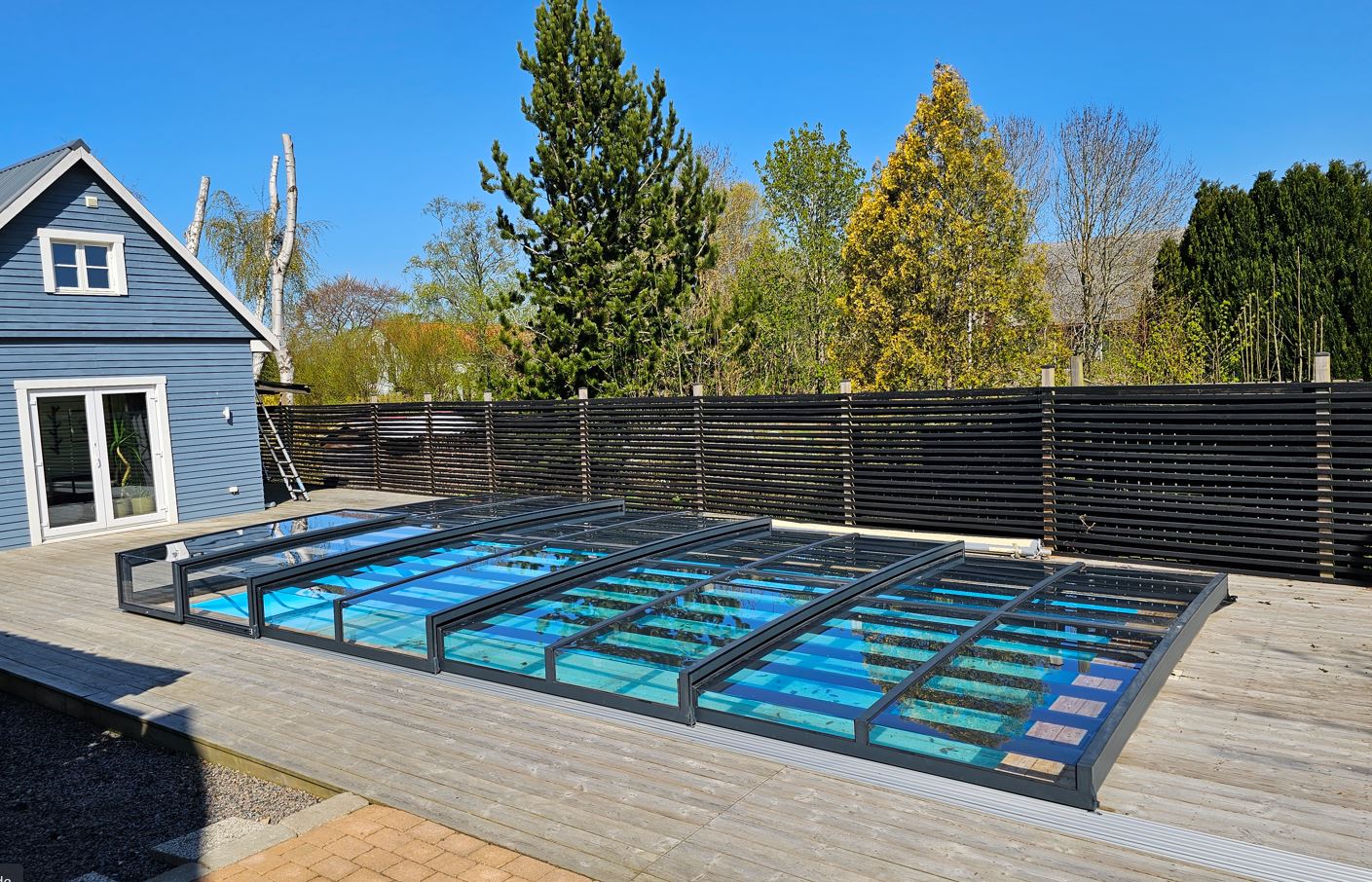 Pooloverdækning ICON KIT S2 4×8 (klart glas, sidedør, enkelt skinne, antracit)